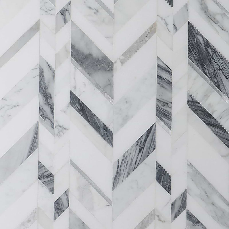 Amari 12x19 Chevron Polished Marble & Aluminum Inlay Mosaic Tile, Grigio