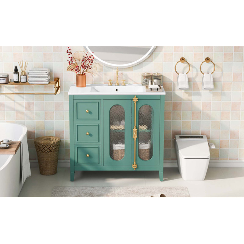 Meuble-lavabo de 36 po avec 2 portes à fermeture douce, armoire de rangement moderne à 3 tiroirs avec cadre en bois massif