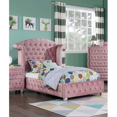 Glam Contemporary Pink Flannelette Upholstered 1Pc Twin Size Bed Cabriole Legs Wingback Design Bedroom Furniture