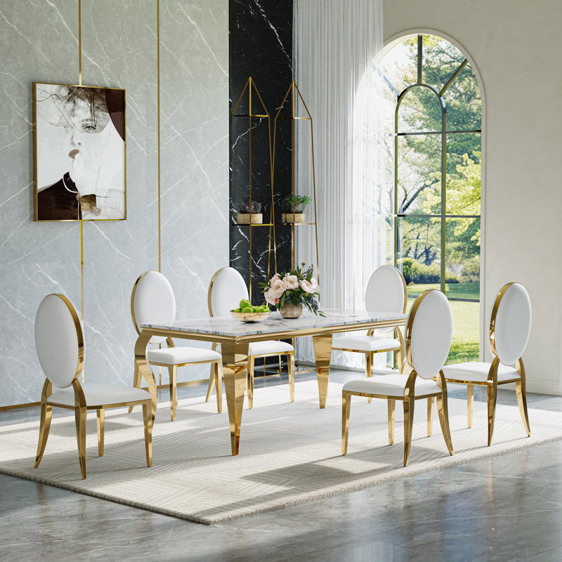 7-Piece Modern Dining Set with Faux Marble Tabletop and Upholstered Chairs – Stainless Steel Legs, Seats 6, White/Gold