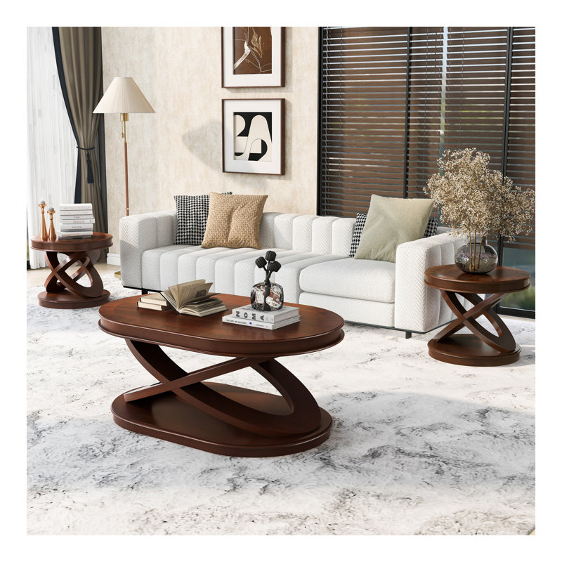 Ensemble de tables basses rétro 3 pièces, ensemble de table de salon en bois comprenant table basse ovale de 44 po, ensemble de 2 tables de bout rondes, noyer