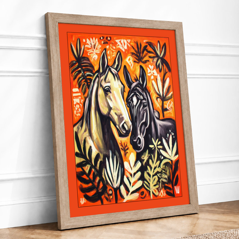 Two Horses Among Leaves Boho - Single Picture Frame Print, A1 - 84.1 x 59.4 cm, Oak