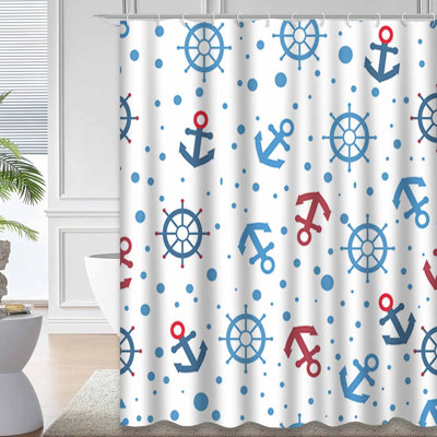 Anchor Steering Wheel Seamless Blue Shower Curtain with 12 Hooks
