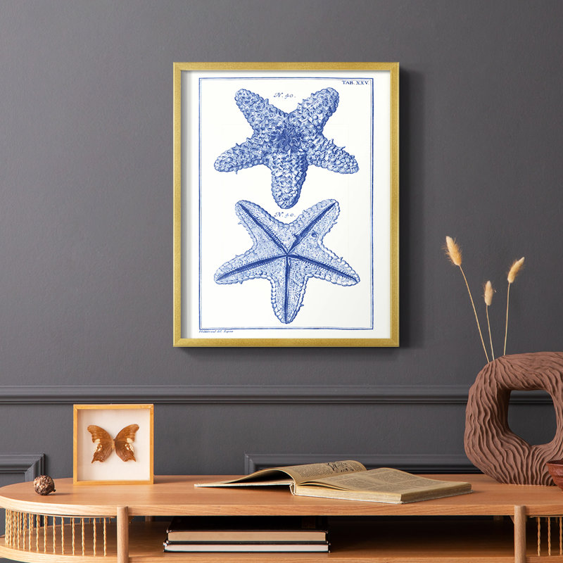 Blue Sea Stars IV, reproduction encadrée - bois massif, Or, H 10 po x l 8 po