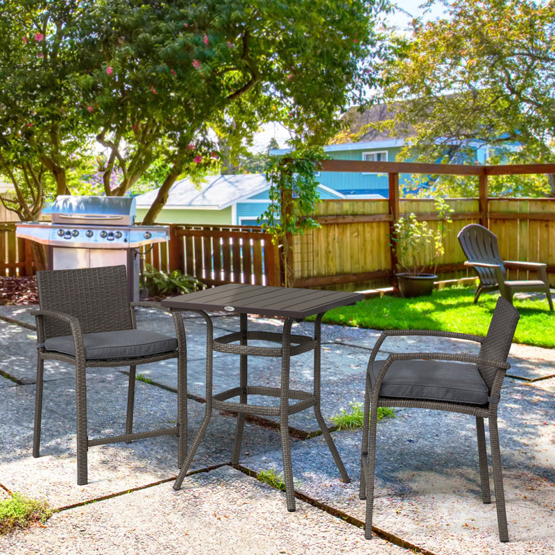 3 Pcs Rattan Wicker Bar Set With Wood Grain Top Table And 2 Bar Stools For Outdoor, Patio, Poolside, Garden, Gray, Brown