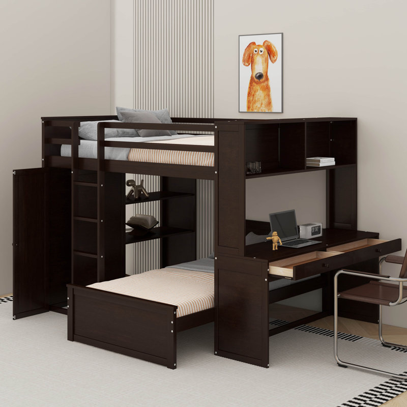 Lit mezzanine double avec lit autonome, armoire, bureau et tablettes, Espresso