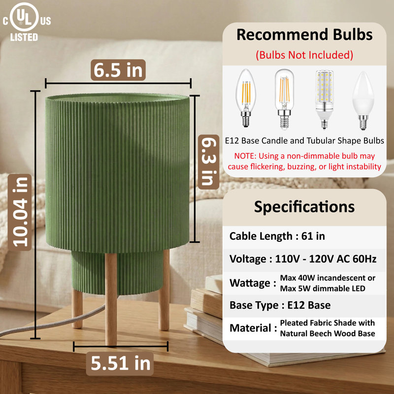 10” Japanese Style Double-Layer Fabric Table Lamp with Natural Wood Base, Dimmable & Adjustable Color Temperature, E12 Socket, Ul Listed