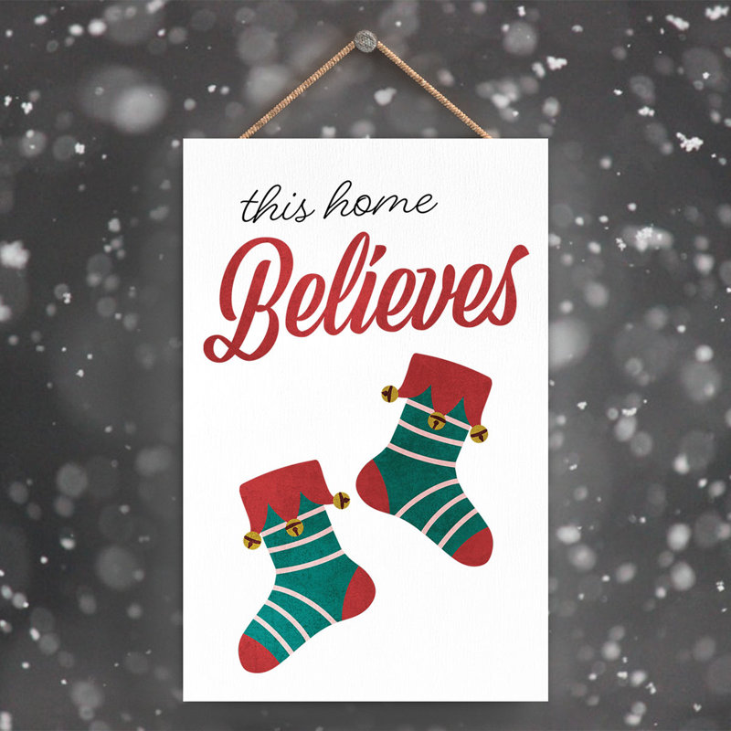 Xmas This Home Believes Wooden Plaque, 18.5cm H x 12cm W x 0.9cm D
