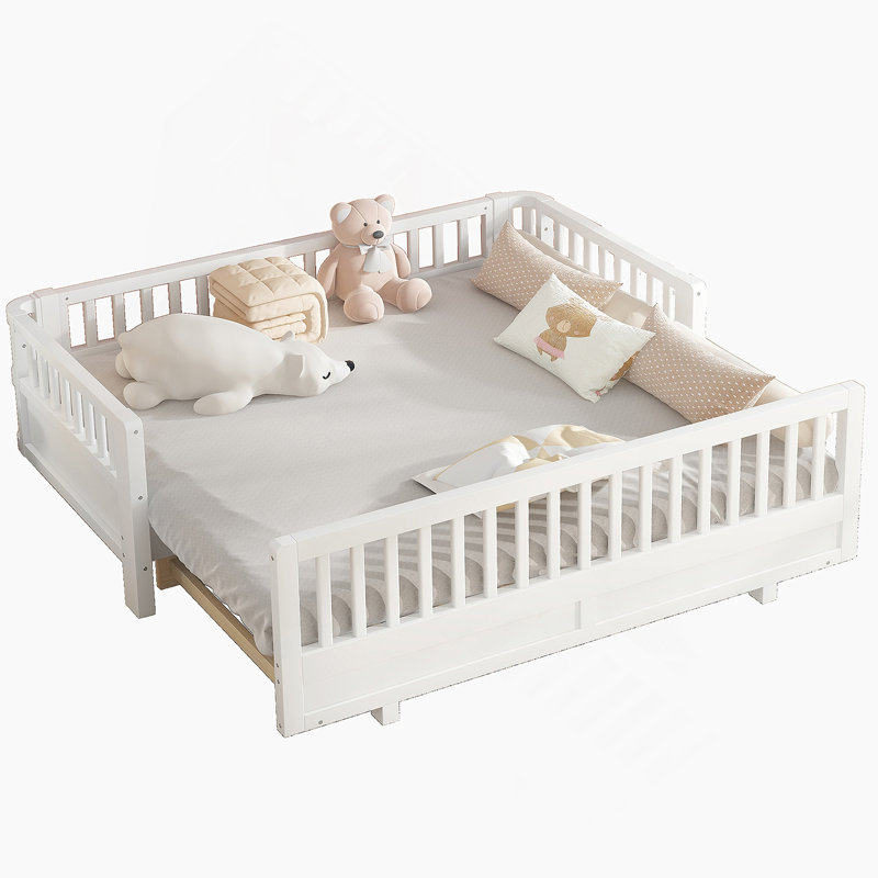 Lit plateforme avec garde-corps, cadre de lit en bois pour chambre à coucher, Blanc