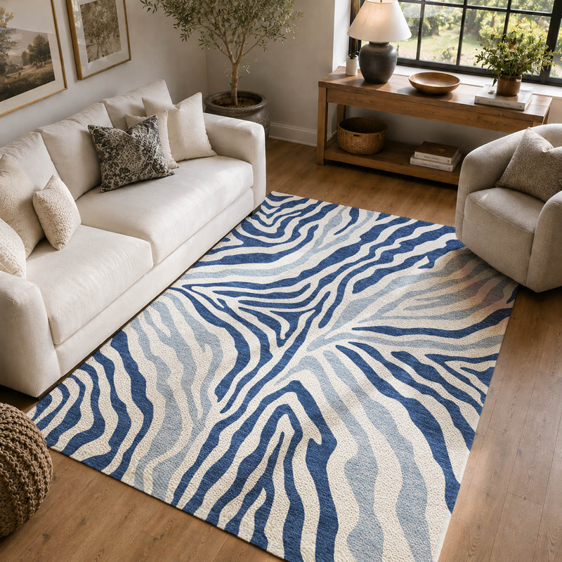 Tapis à imprimé animal de qualité supérieure lavable à la machine Villers, Marine, 10 pi x 14 pi