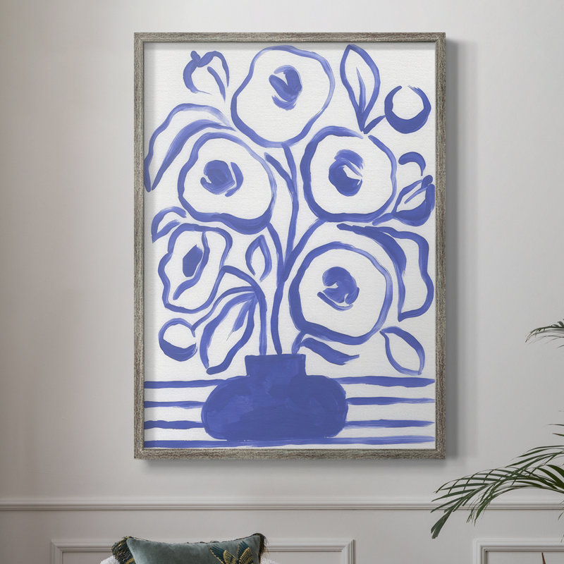 «Blue Brush Flowers I», reproduction encadrée - bois massif, H 15 po x l 12 po