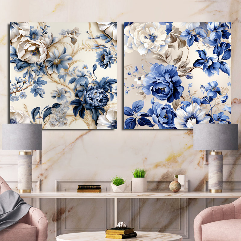Odalis - Ensemble de 2 collages carrés floraux, Toile tendue, H 30 po x l 61 po