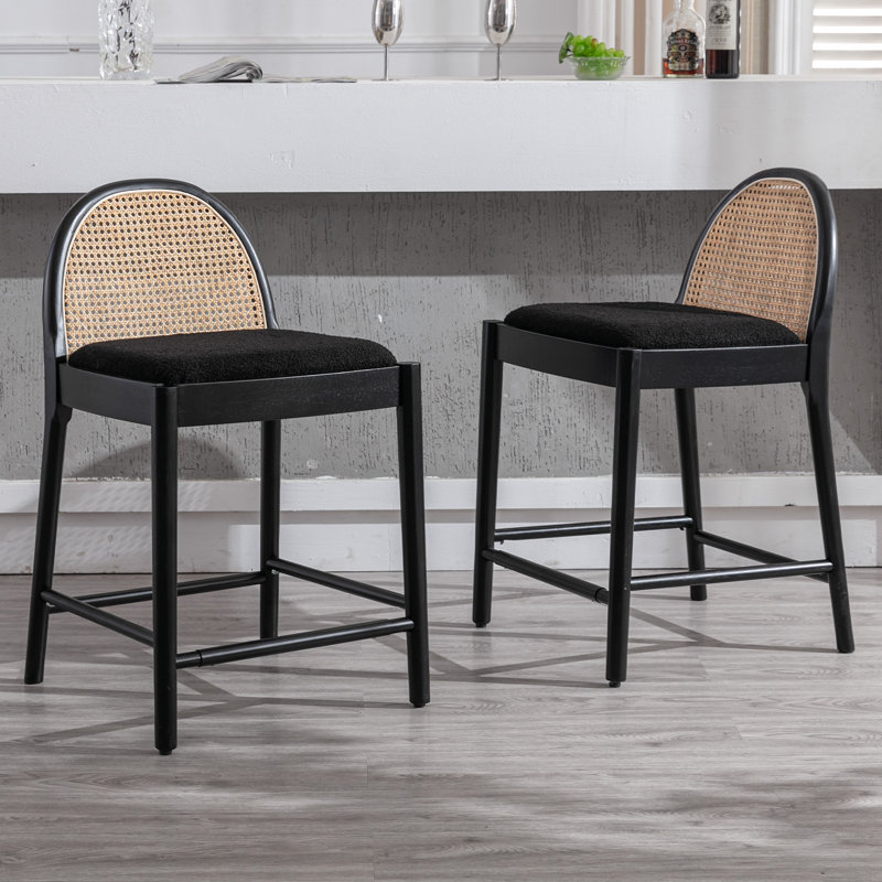 Modern Bar Stools Upholstered Counter Stools With Rattan Backrests And Wood Legs Kitchen Stools For Island, Black