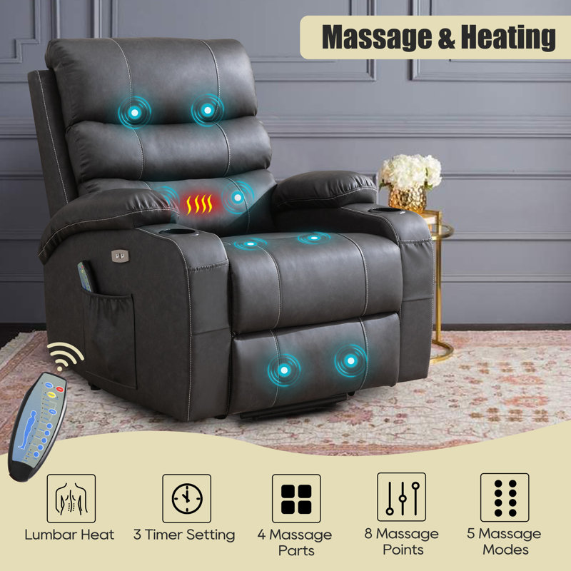 Power Lift Massage Chair with Waist Heating, Reclining Chair with USB, Side Pocket & Cup Holder, Black Gray Faux Leather