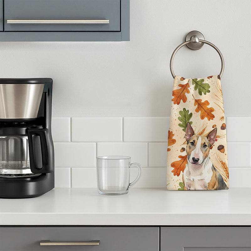 Tricolor Miniature Bull Terrier Heirloom Fall Kitchen Towel, Tricolor Miniature Bull Terrier