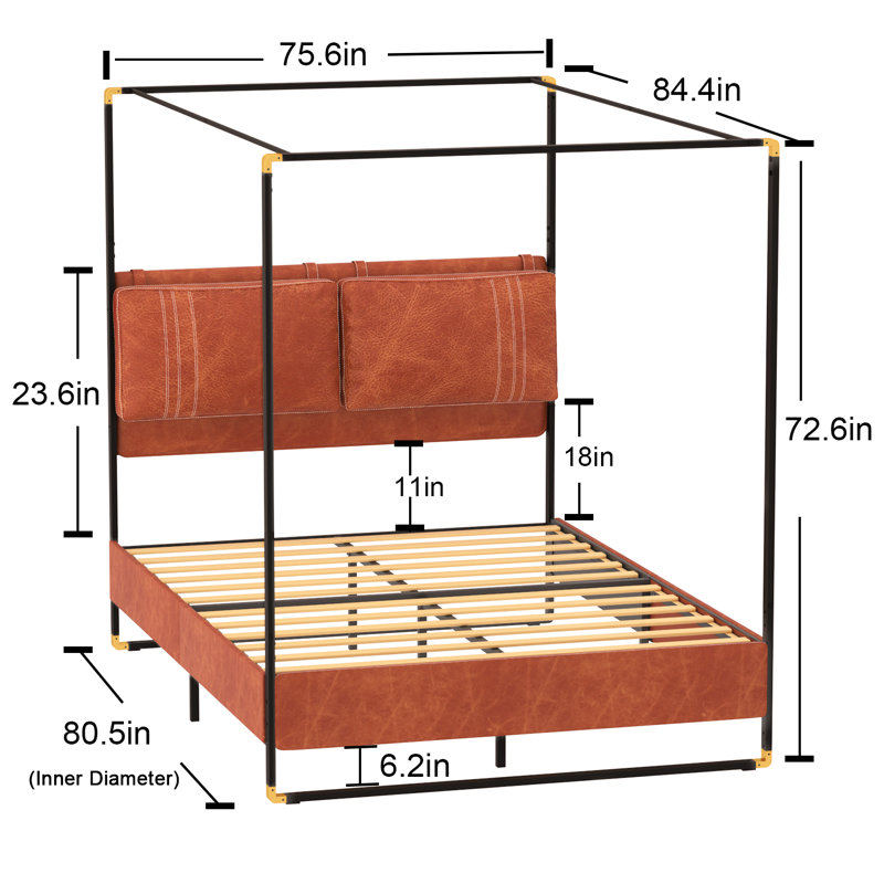 Upholstered Metal Canopy Bed, King, Brown