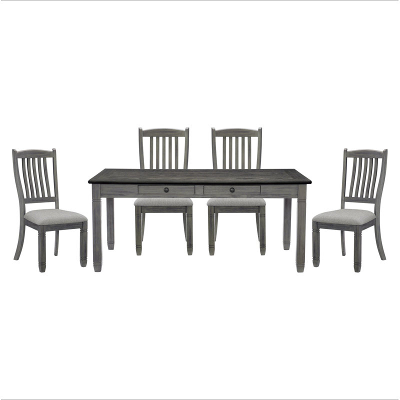 Ensemble de table de salle à manger 5 pièces gris antique et fini café avec 6 tiroirs et 4 chaises d'appoint