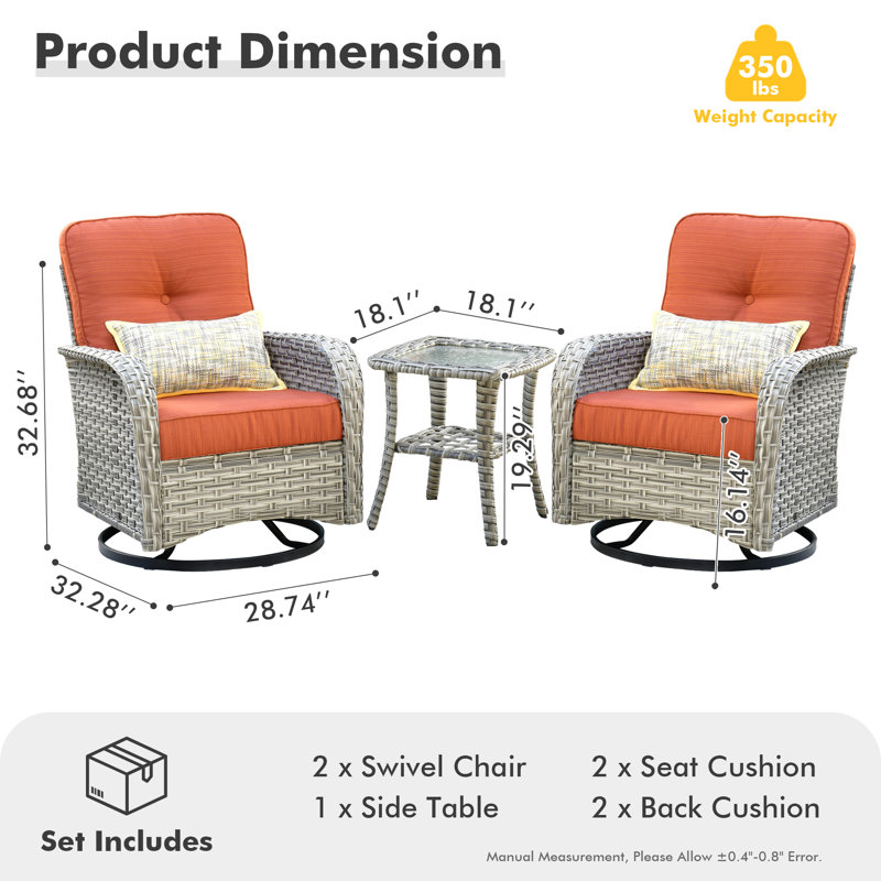 Heshum 3 Piece Rattan Seating Group With Cushions, Orange