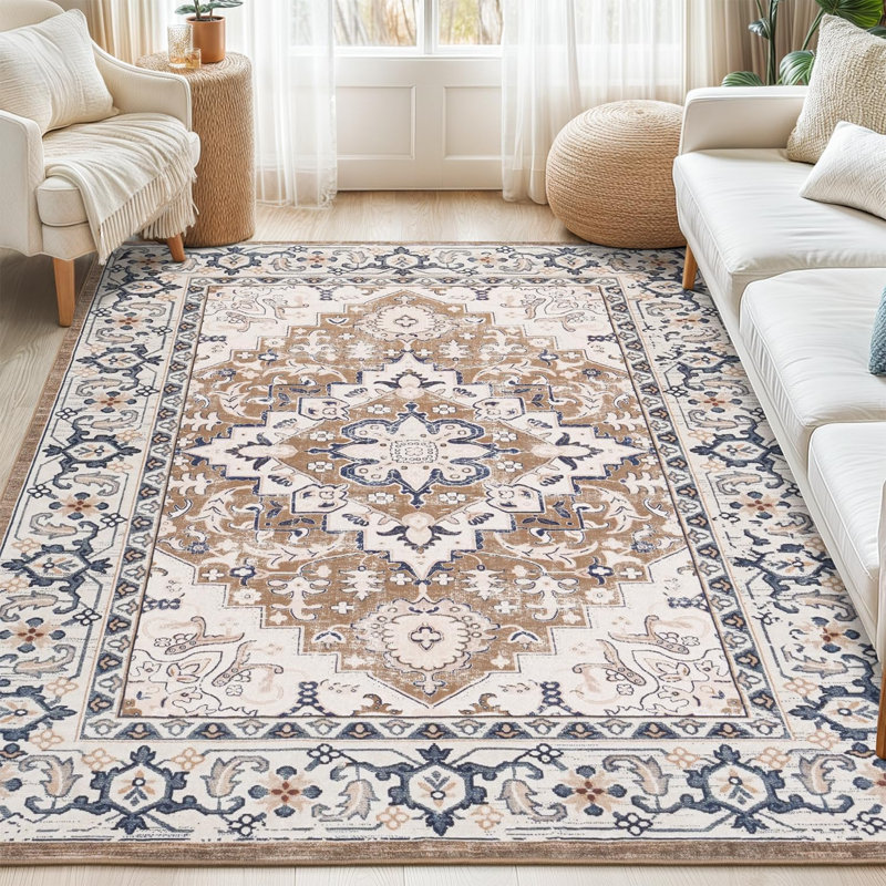 5' x 7' Washable Vintage Floral Area Rug – Soft Non-Slip Low Pile, Brown