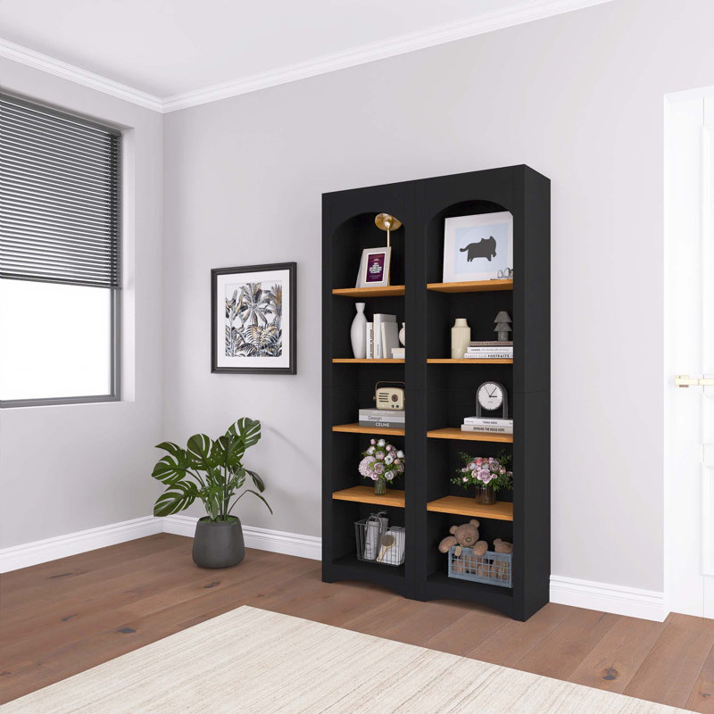 72"H Black Wood Two-Tone Storage Cabinet Bookcases With With Adjustable Shelves, Black