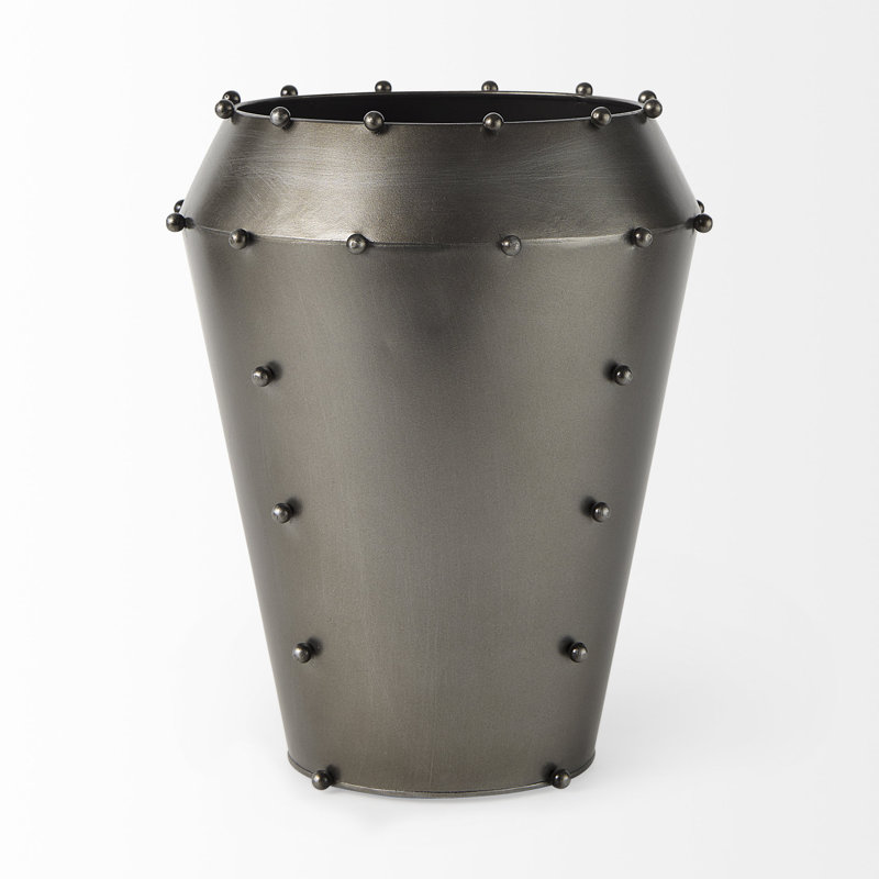 Small Champagne Metal W/Studs Vase, 12.2" H x 9.84" W x 9.84" D, Gray