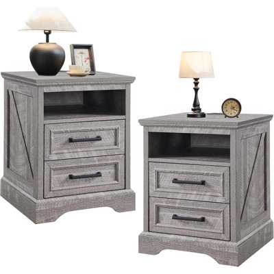 Farmhouse Nightstand For Bedroom With Charging Station, Wooden Side Table Sets With 4 Drawers Storage