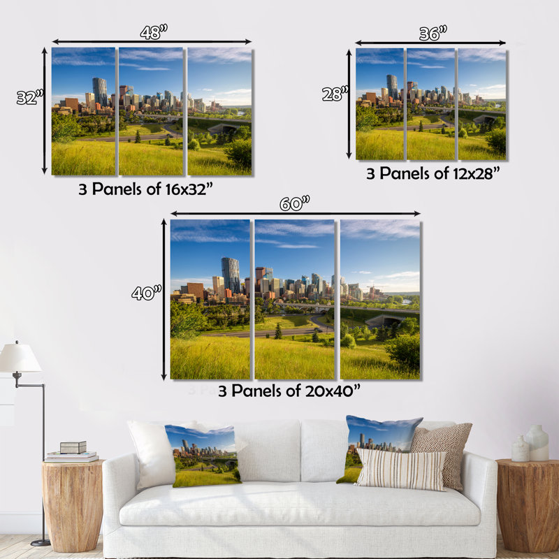 «Skyline Calgary At Sunrise On Canvas», reproduction de 3 pièces, H 28 po x l 36 po x P 1 po