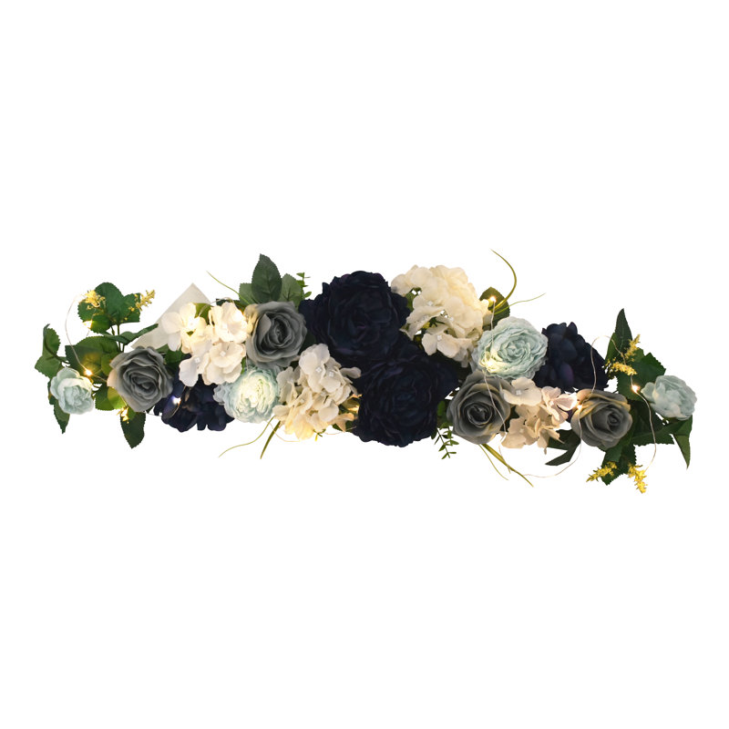 32" Navy Blue Rose Peony Hydrangea Swag With Led Light