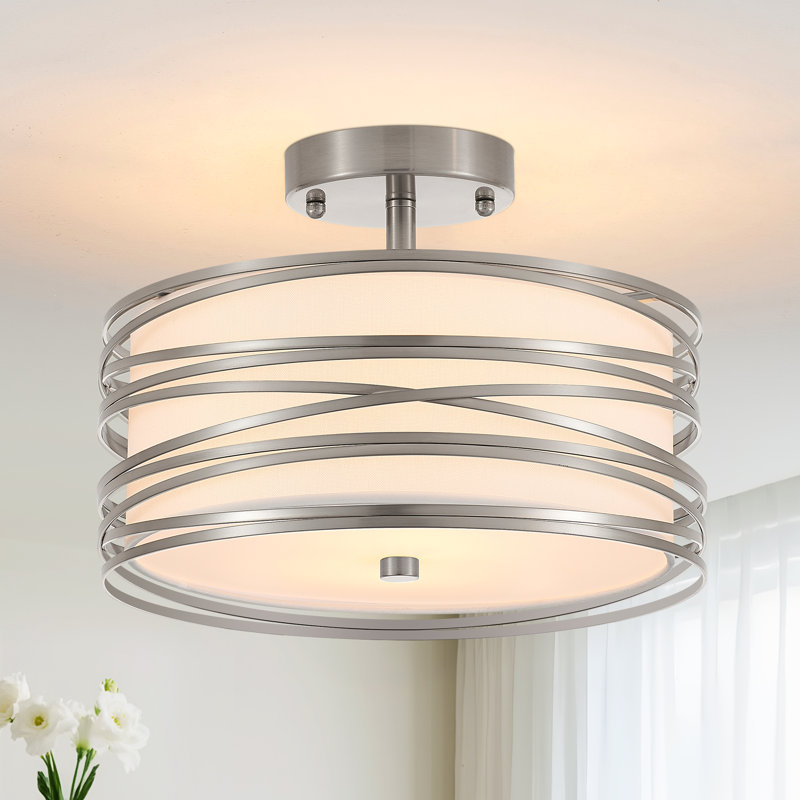 Modern Drum Linen Semi Flush Mount Ceiling Light Fixture, Chrome