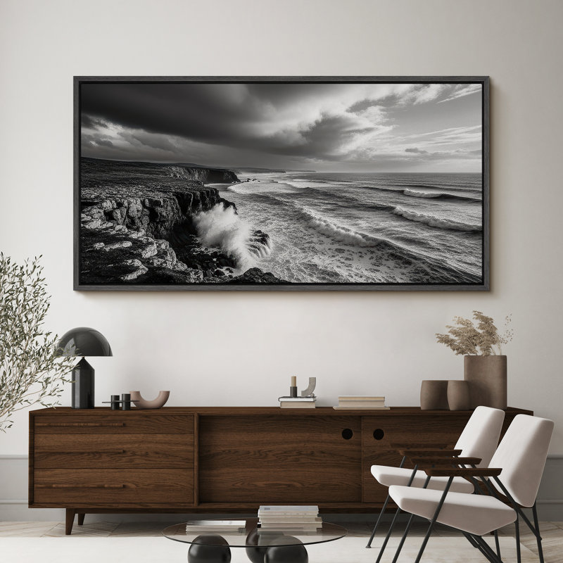 Grande impression sur toile encadrée, impression de paysage océanique de plage pour décoration côtière, Noir