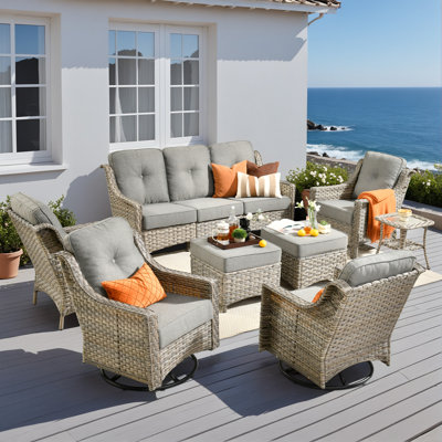 8-Piece Wicker Outdoor Patio Furniture Set with Cushions – All-Weather Resin Wicker Sofa, Swivel Chairs & Ottomans for Backyard, Porch & Garden by Lark Manor