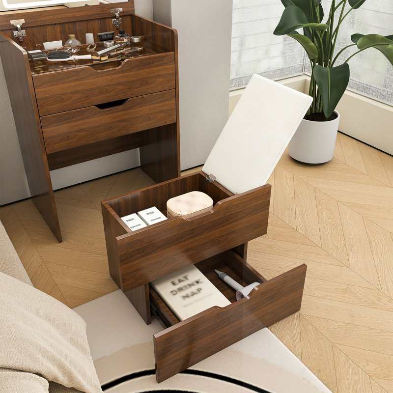 Flip Top Makeup Dressing Table With Lighted Mirror & Stool, Walnut/White