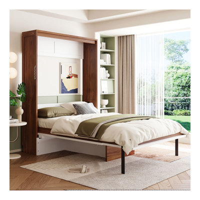Lit escamotable double avec bureau pliable - Lit escamotable mural - Noyer et blanc
