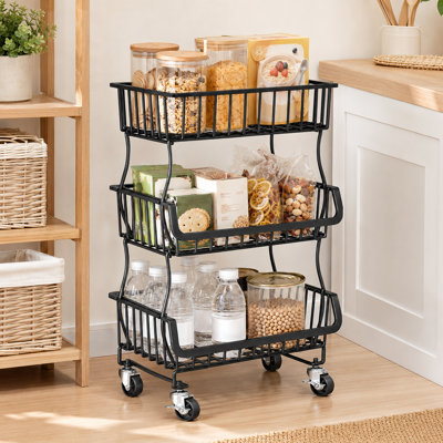 Single-Pack 3-Tier Stackable Wire Pantry Cart with Wheels, Rolling Storage Rack for Fruits, Vegetables, Onions, Potatoes, and Snacks in Kitchen