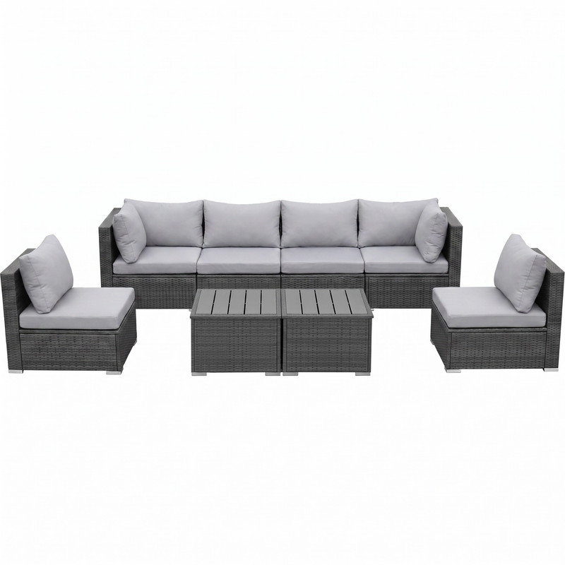 Ensemble de conversation modulaire en osier 8 pièces avec coussins et deux tables 8 pièces, Gris clair