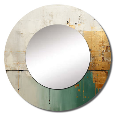 Shamil Minimalism Gold And Teal Horizon II - Abstract Painting Wall Mirror, Beige Round Decorative Mirror, Printed Metal Art