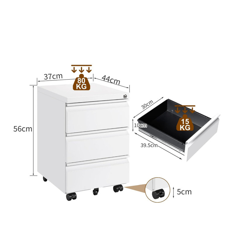 37 cm W 3 -Drawer Wheels / Casters included Mobile Steel Filing Cabinet, White