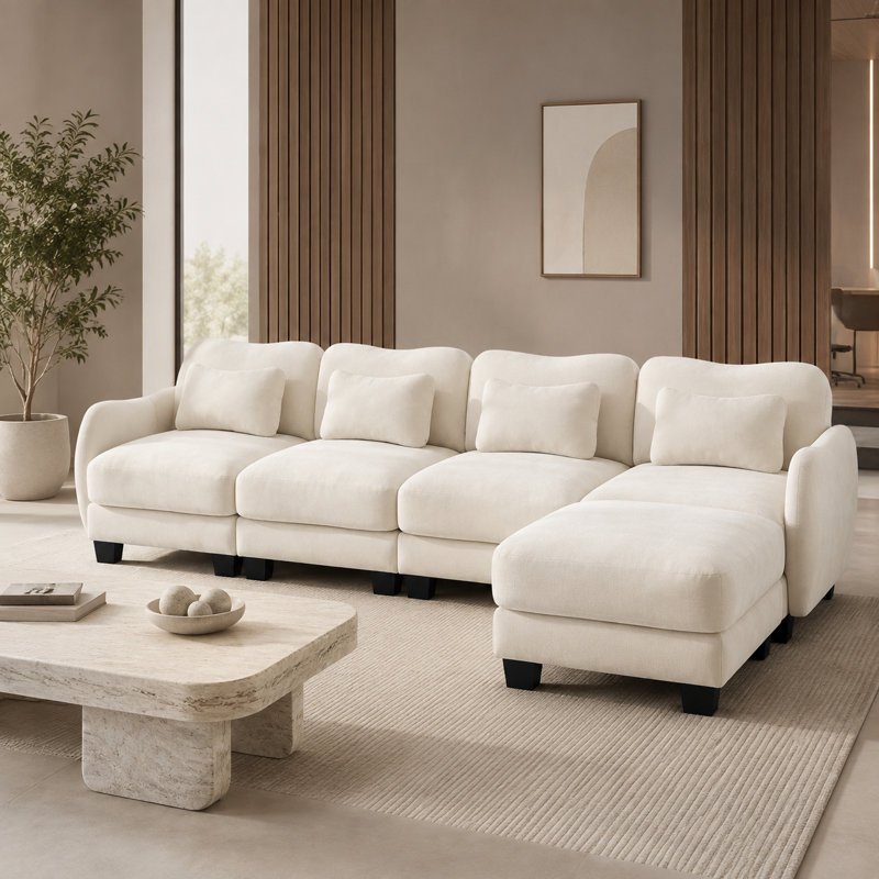 Canapé surdimensionné en L en chenille 4 places Rosman avec repose-pieds mobile, coussins lombaires, sièges profonds et accoudoirs courbés Rosman