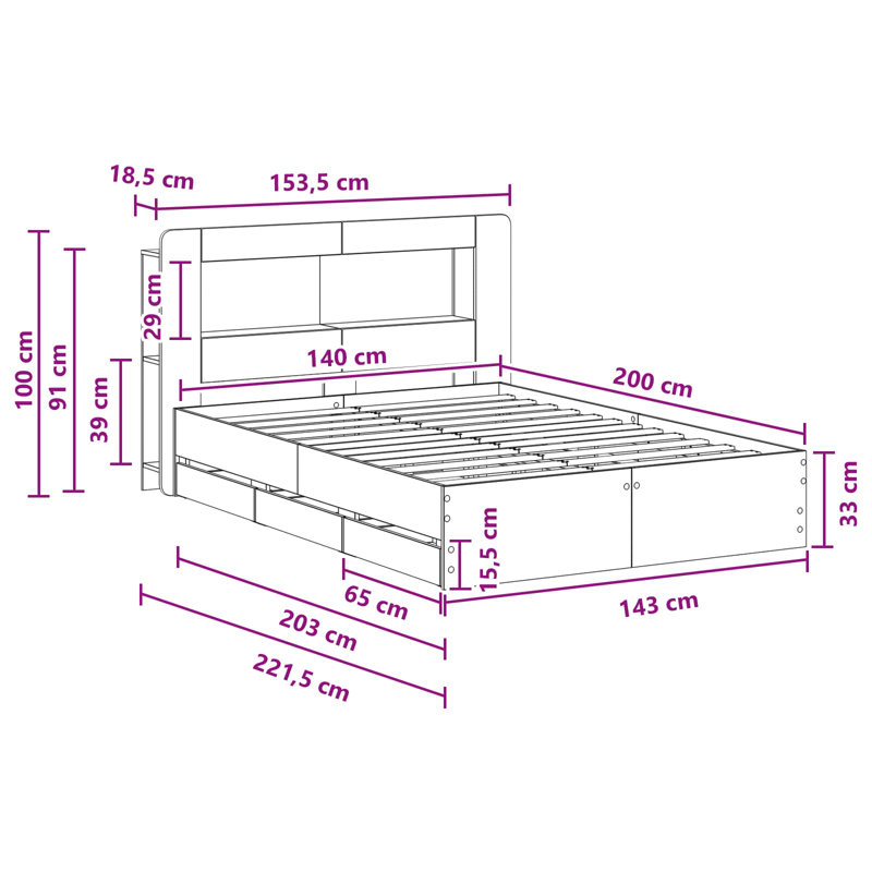 Bed Frame, European Double (140 x 200 cm), Grey Sonoma