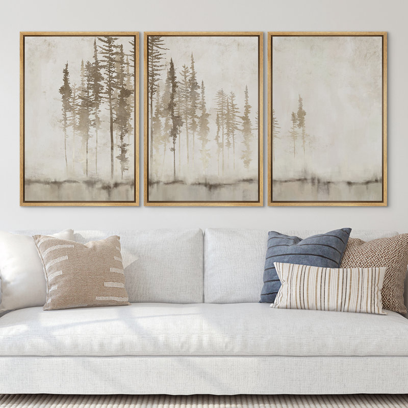 Pastel Abstract Tree Subtle Neutral Modern Rustic Home Decor - Framed Canvas Print Wall Art Work, 24" H x 48" W, Brown