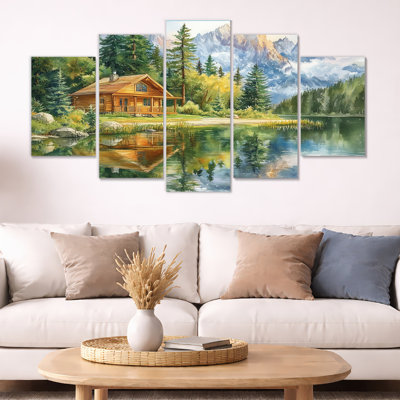 Mountain Cabin Wall Art, Lakeside Landscape Canvas, Lakeside Mountain Cabin 5 Panel