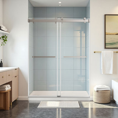 Porte de douche coulissante double l 56 à 60 po x H 72 po avec verre trempé de 10 mm, rail en acier inoxydable, finition nickel