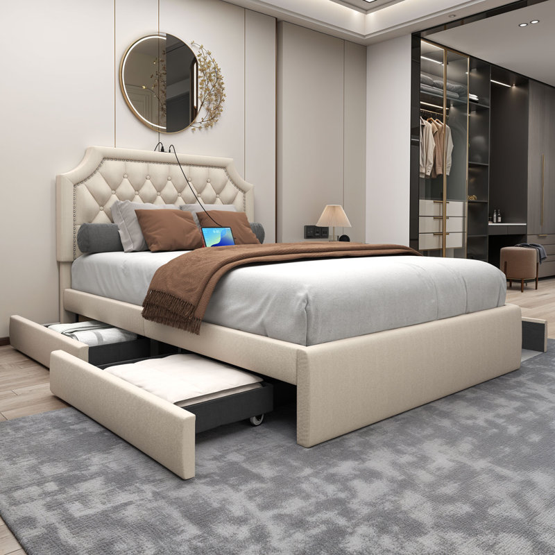 Velvet Upholstered Bed With 4 Storage Drawer,Bed Frame With Adjustable Headborad & Charging Station, Full / Double, Beige
