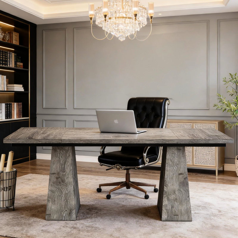 Bureau, 62,97 po de profondeur, 31,98 de largeur, 28,73 de hauteur, bois gris, polyvalent pour différentes tâches: 82,69 lb, 63 po de largeur, 31,1 po de profondeur, 29,53 po de hauteur, bon travail à domicile