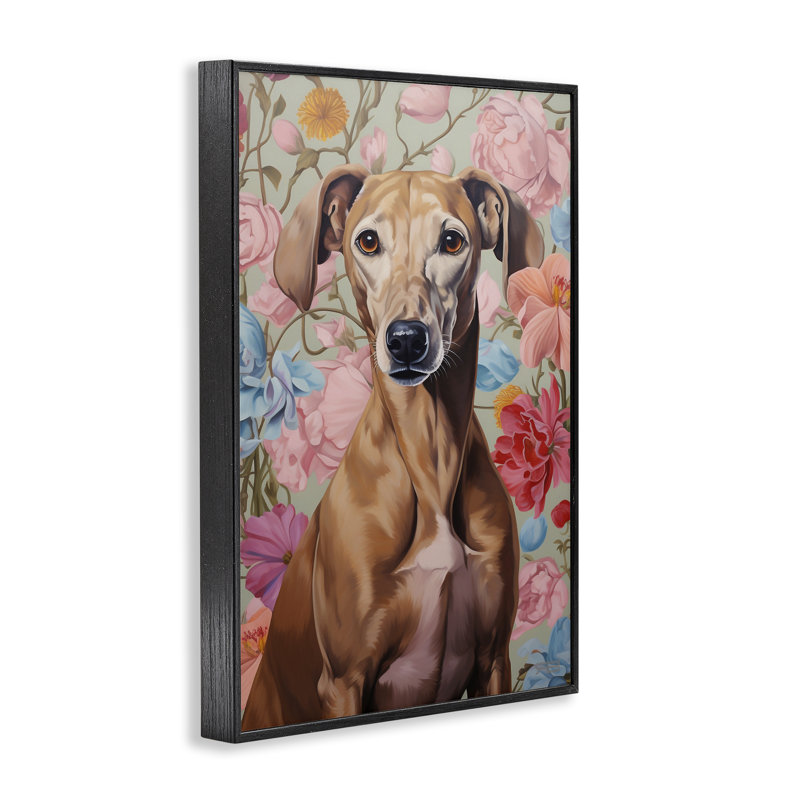 Greyhound on Florals, estampe numérique par Roozbeh Bahramali, H 18 po x l 12 po, Giclée encadrée noir minuit