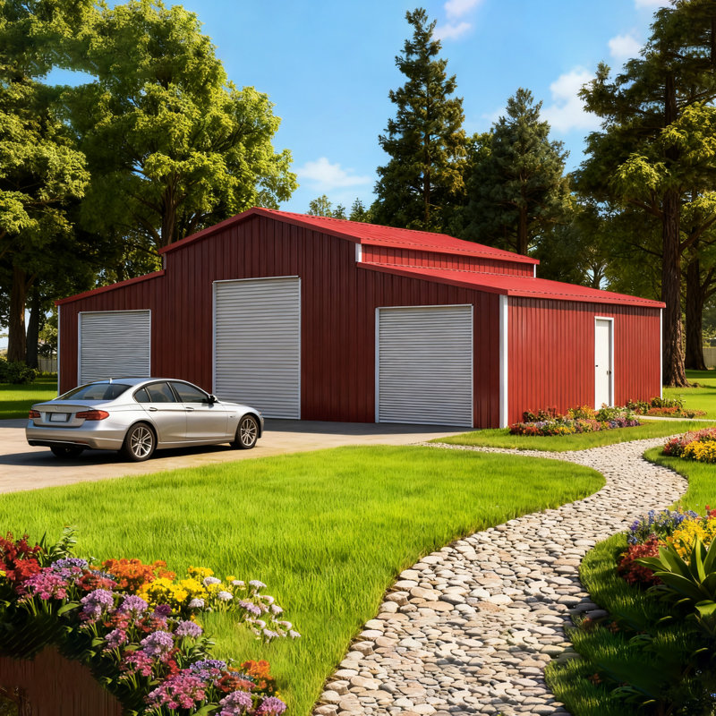 Garage en métal résistant aux intempéries de 42 pi x 30 pi pour l'équipement, structure en acier galvanisé, 14 cadres, 26 panneaux, trois portes roulantes, entrée latérale, fenêtre, finition rouille rouge, remise de rangement robuste de durée de vie de 15 à 20