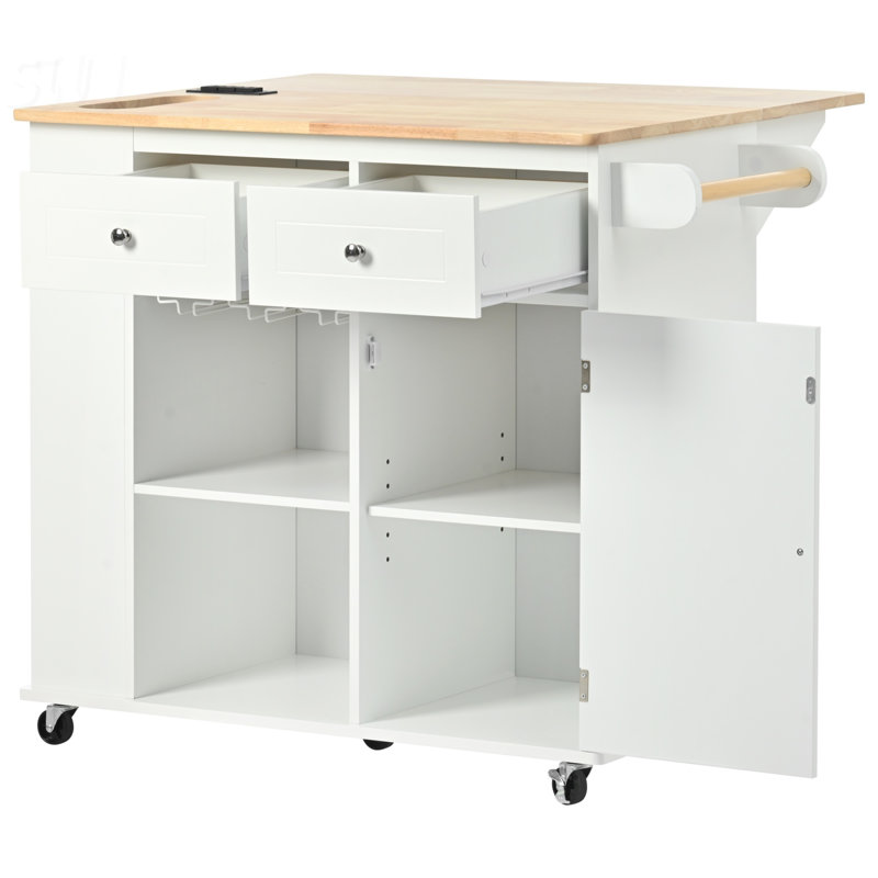 Kitchen Island With Power Outlet And Drop Leaf, Rubber Wood, Open Storage, Wine Rack, And 5 Wheels For Maximum Flexibility