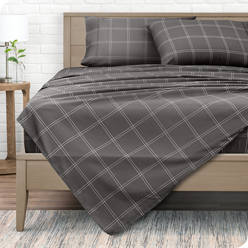 Twin XL Grey and White Plaid Microfiber Sheet Set