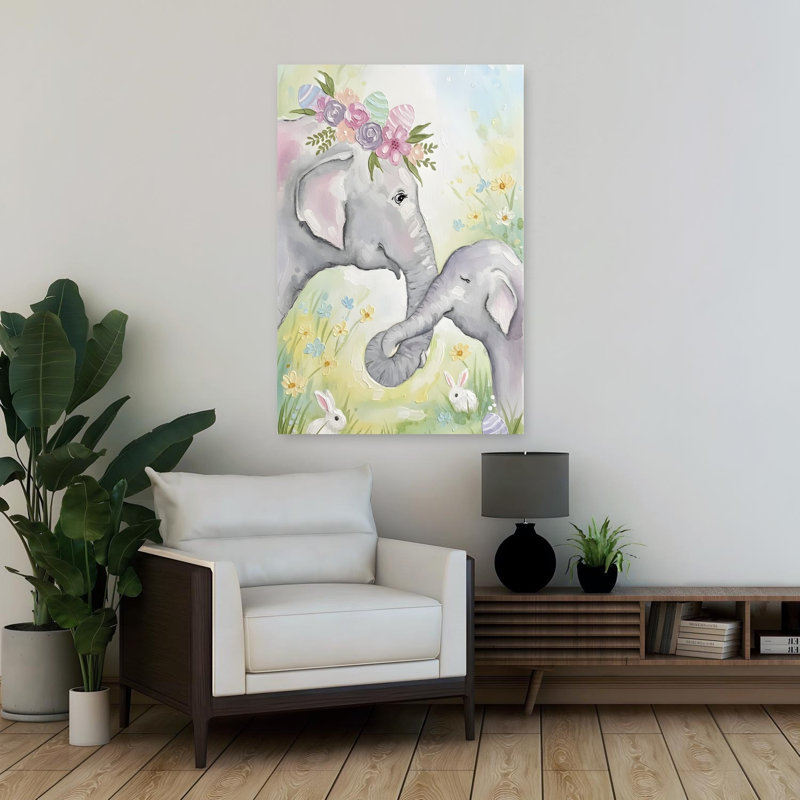 Doux éléphants de Pâques, art abstrait contemporain de paysage floral, H 36 po x l 24 po