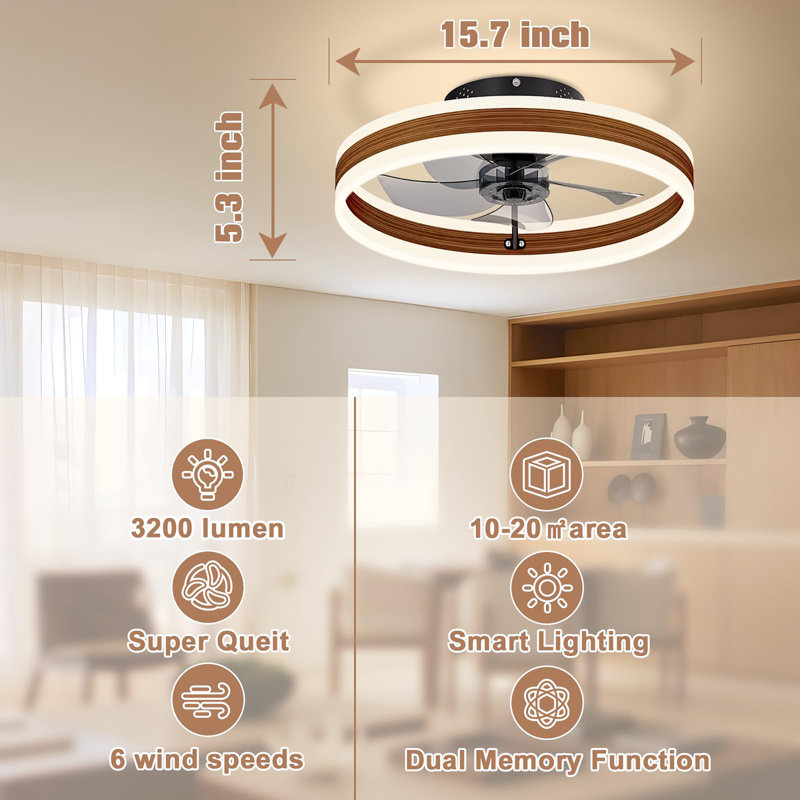 Ventilateurs de plafond à profil bas de 15,7 pouces avec lumières et télécommande, Noyer